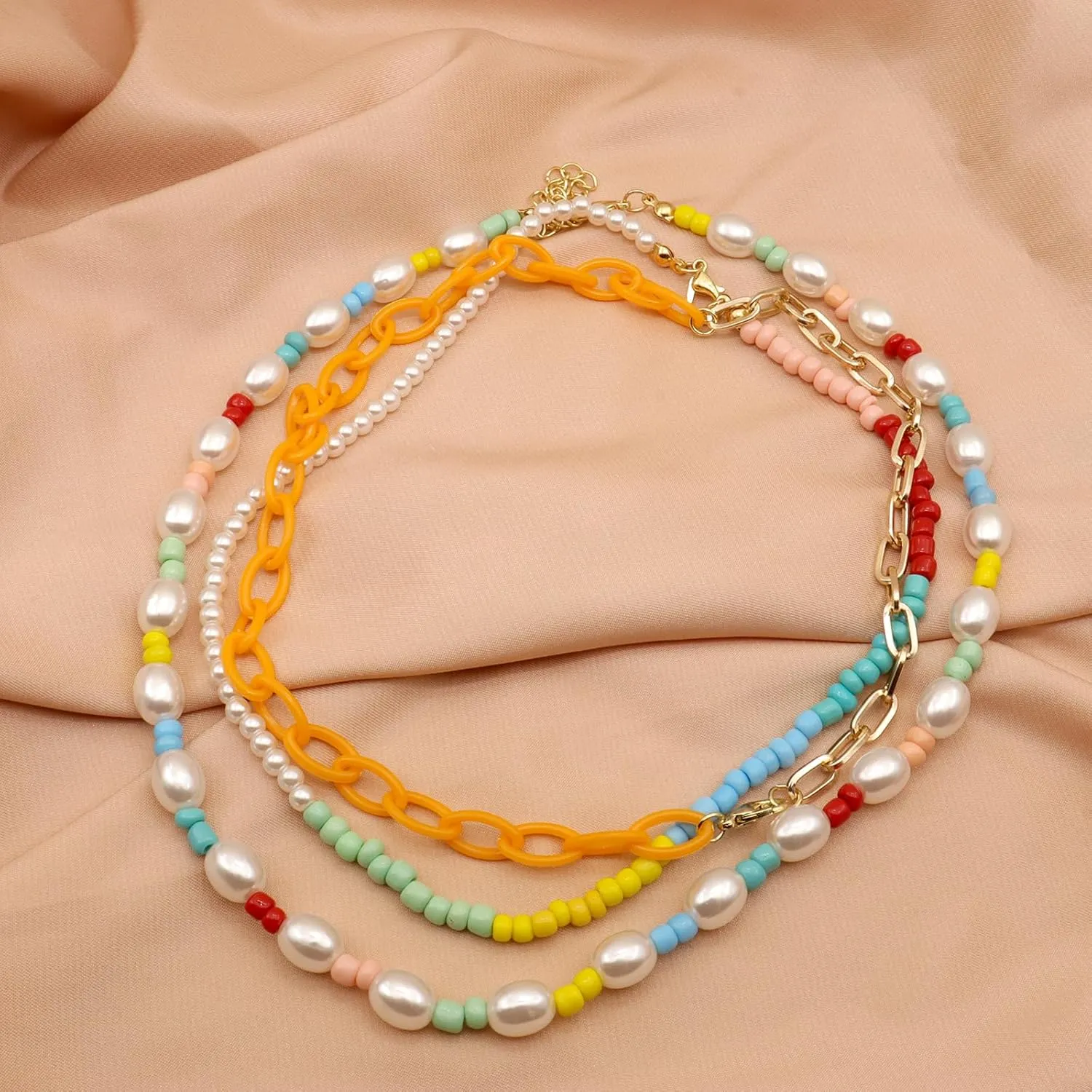 FUTIMELY 2-3Pcs Layered Colorful Beaded Choker Necklace Set for Women,Evil Eye Pearl Angel Necklace Y2K Boho Natural Freshwater Pearl Handmade Choker Necklaces for Women