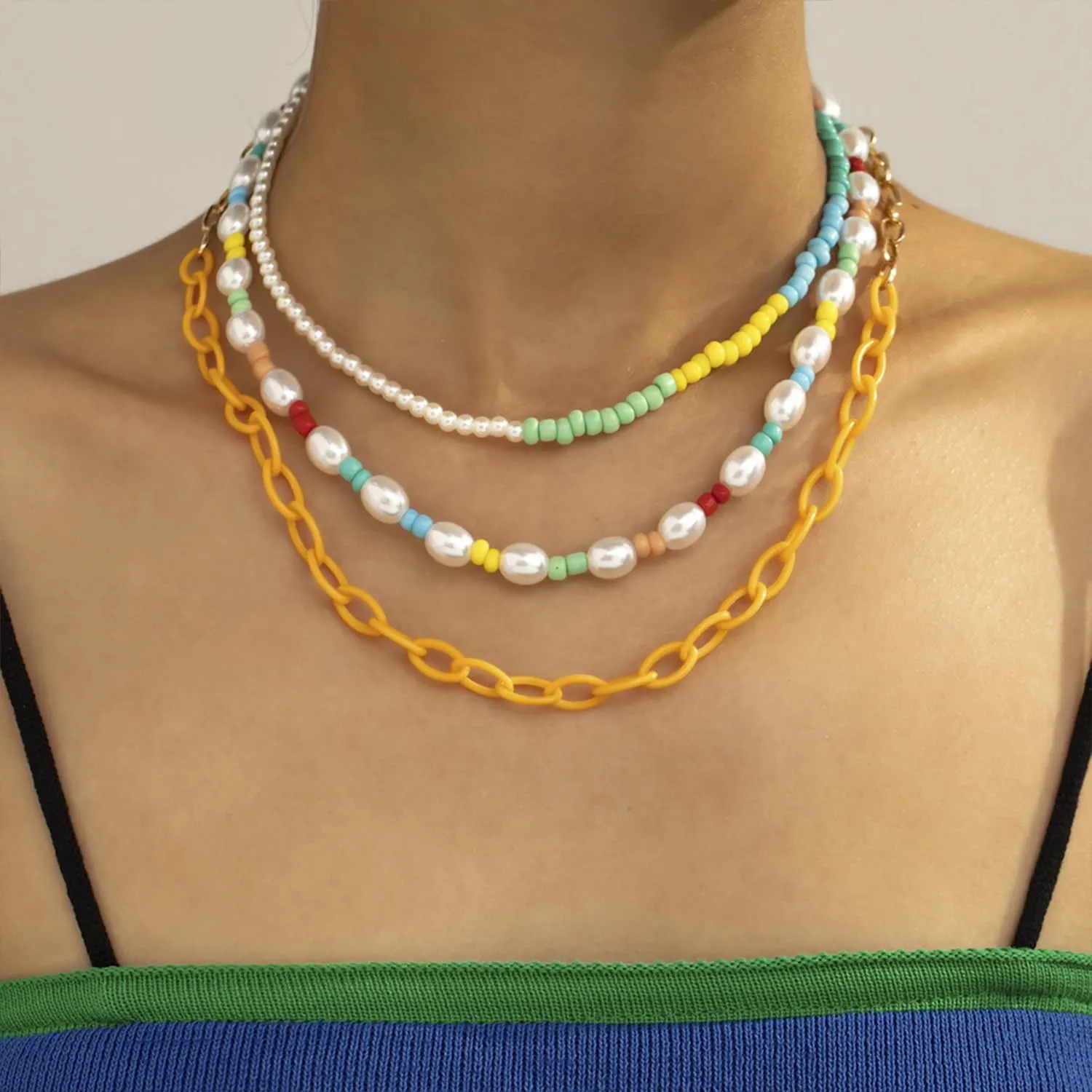 FUTIMELY 2-3Pcs Layered Colorful Beaded Choker Necklace Set for Women,Evil Eye Pearl Angel Necklace Y2K Boho Natural Freshwater Pearl Handmade Choker Necklaces for Women