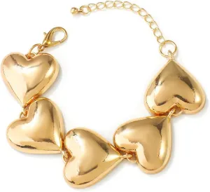 FUTIMELY Gold Plated Chunky Heart Bracelets for Women,Glossy Punk Large Alloy Puffy Heart Link Bracelets,Personality Prom Party Birthday Jewelry Gifts