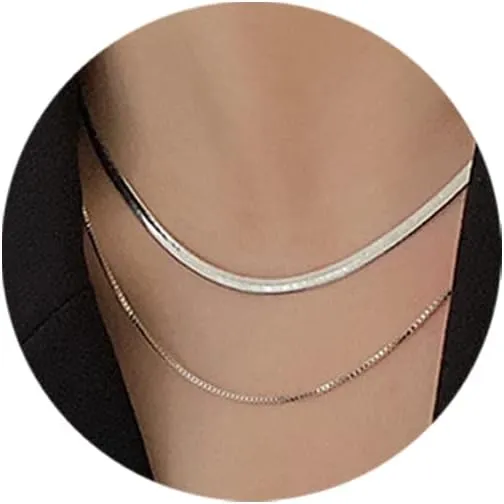 FUTIMELY Layered Herringbone Snake Necklace for Women Men Dainty 14k Gold Double Flat Snake Chain Herringbone Choker Necklace,Paperclip Snake Bone Clavicle Chain Choker Necklace