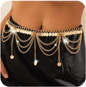 Gangel Gold Waist Chain Boho Body Chain Layered Body Chains Coins Tassels Belly Chain Adjustable Chain Belts Party Dance Waist Accessories for Women