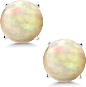 Gem Stone King 14K White Gold White Ethiopian Opal Stud Earrings For Women Men (1.12 Cttw, Round Cabochon 6MM)