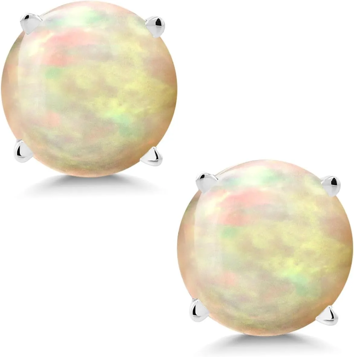Gem Stone King 14K White Gold White Ethiopian Opal Stud Earrings For Women Men (1.12 Cttw, Round Cabochon 6MM)