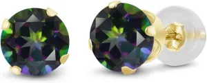 Gem Stone King 14K Yellow Gold Mystic Green Topaz Stud Earrings For Women Men (2.00 Cttw, Round 6MM)