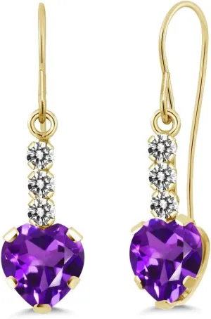 Gem Stone King 14K Yellow Gold Purple Amethyst and White Diamond French Wire Dangle Hook Earrings For Women (1.68 Cttw, Gemstone February Birthstone, Heart Shape 6MM)