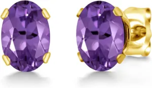 Gem Stone King 18K Yellow Gold Plated Silver Purple Amethyst Stud Earrings For Women Men | 0.90 Cttw | Gemstone February Birthstone | Oval 6X4MM