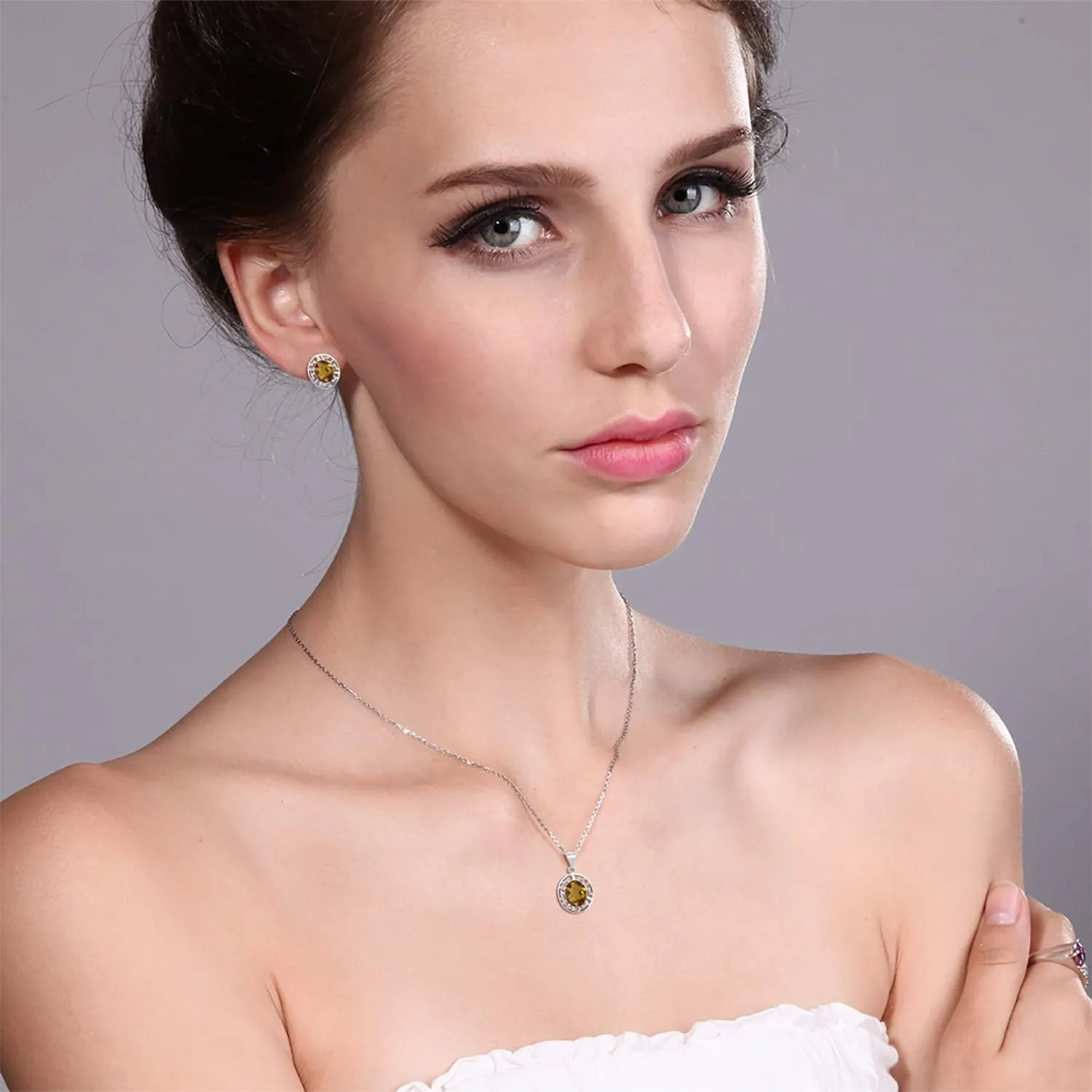 Gem Stone King 925 Sterling Silver 10X8MM Oval Gemstone Birthstone Greek Key Pendant and Earrings Jewelry Set For Women | With 18 Inch Silver Chain