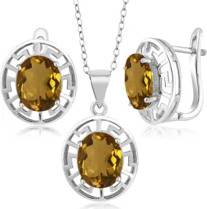 Gem Stone King 925 Sterling Silver 10X8MM Oval Gemstone Birthstone Greek Key Pendant and Earrings Jewelry Set For Women | With 18 Inch Silver Chain