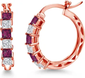 Gem Stone King 925 Sterling Silver Red Created Ruby or White Moissanite Hoop Earrings 20MM For Women (1.56 Cttw, Princess 3MM)