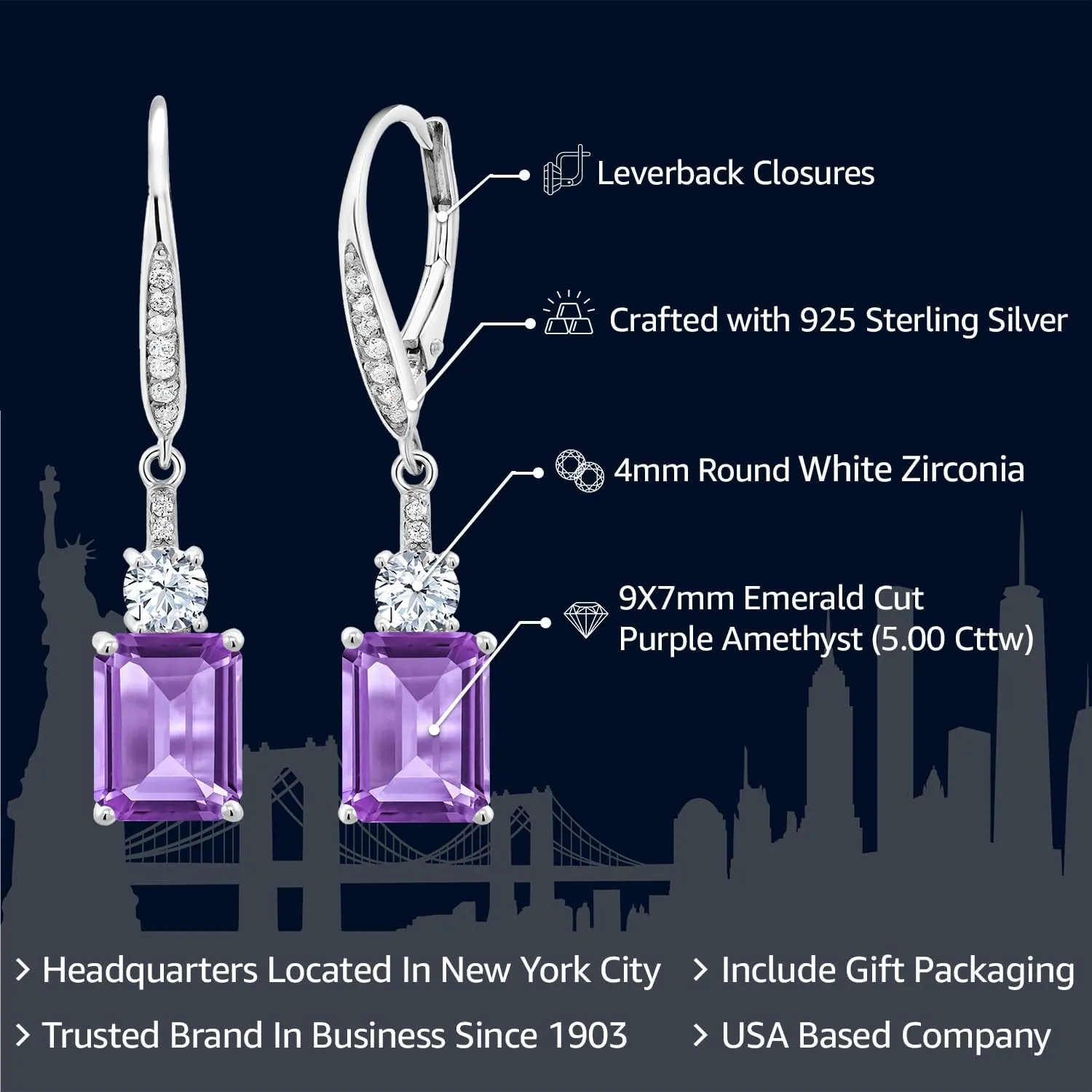 Gem Stone King Drop Dangle Earrings for Women | 925 Sterling Silver | Emerald Cut 9X7MM Gemstone Birthstone | Fine Jewelry Gifts for Her Mom Anniversary Wedding