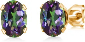 Gem Stone King Green Mystic Topaz Yellow Gold Plated Stud Earrings For Women Men (1.90 Cttw, Gemstone, Oval 7X5MM)