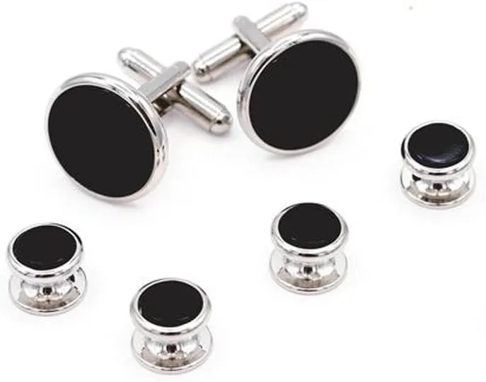 Genuine Onyx Classic Tuxedo Cufflinks and Studs Set in Silver