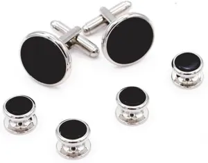 Genuine Onyx Classic Tuxedo Cufflinks and Studs Set in Silver