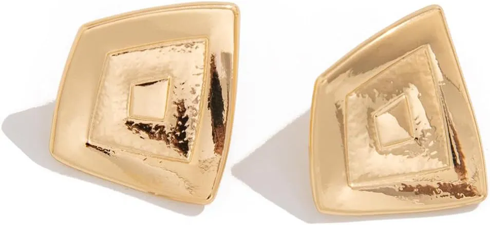 Geometric Square Spiral Stud Earrings, Gold-Plated, Modern Design