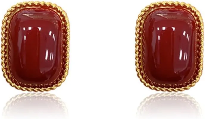 Geometry Red Square Stud Earrings S999 Sterling Silver Post Earrings Vintage Studs Earrings Fashion Hypoallergenic Ear Jewelry for Women