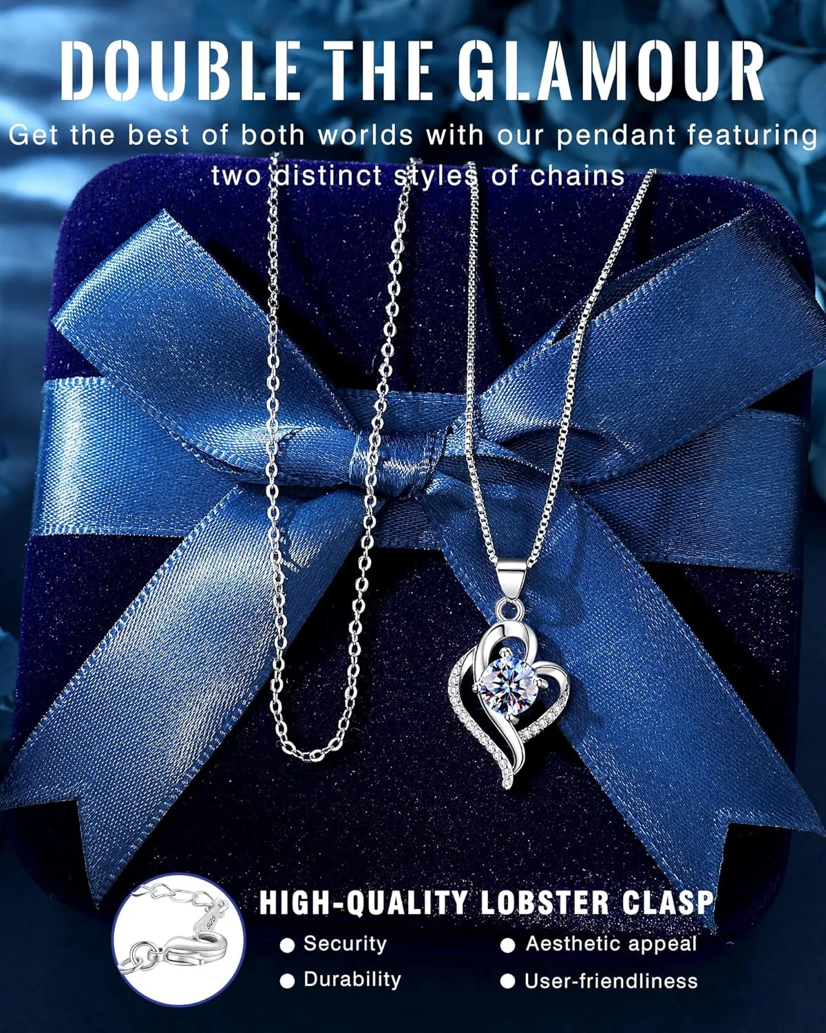 Gifts for Girlfriend, Best Birthday Gifts for Her from Boyfriend, Valentine's Day, Anniversary Necklace for Girl, Romantic Jewelry Presents 1 Carat Moissanite Diamond Silver Necklace with 2 Chain
