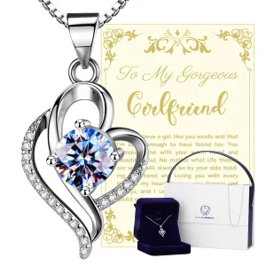 Gifts for Girlfriend, Best Birthday Gifts for Her from Boyfriend, Valentine's Day, Anniversary Necklace for Girl, Romantic Jewelry Presents 1 Carat Moissanite Diamond Silver Necklace with 2 Chain