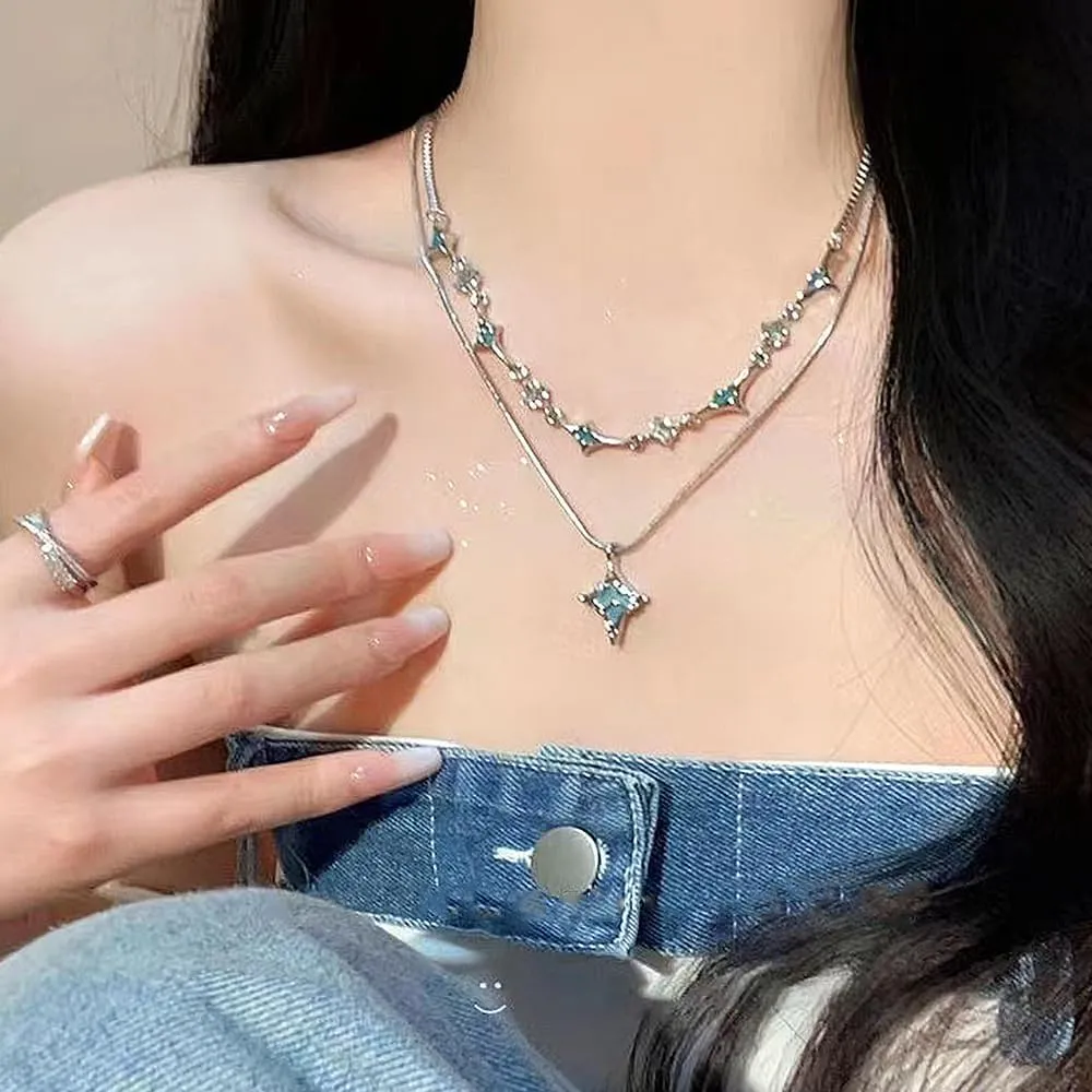 GIGB PBDK Boho Blue Butterfly Crystal Layered Choker Necklace, Sparkling Dainty Gemstone Fine Chain Necklace, CZ Adjustable Beach Holiday Jewelry Gift for Women