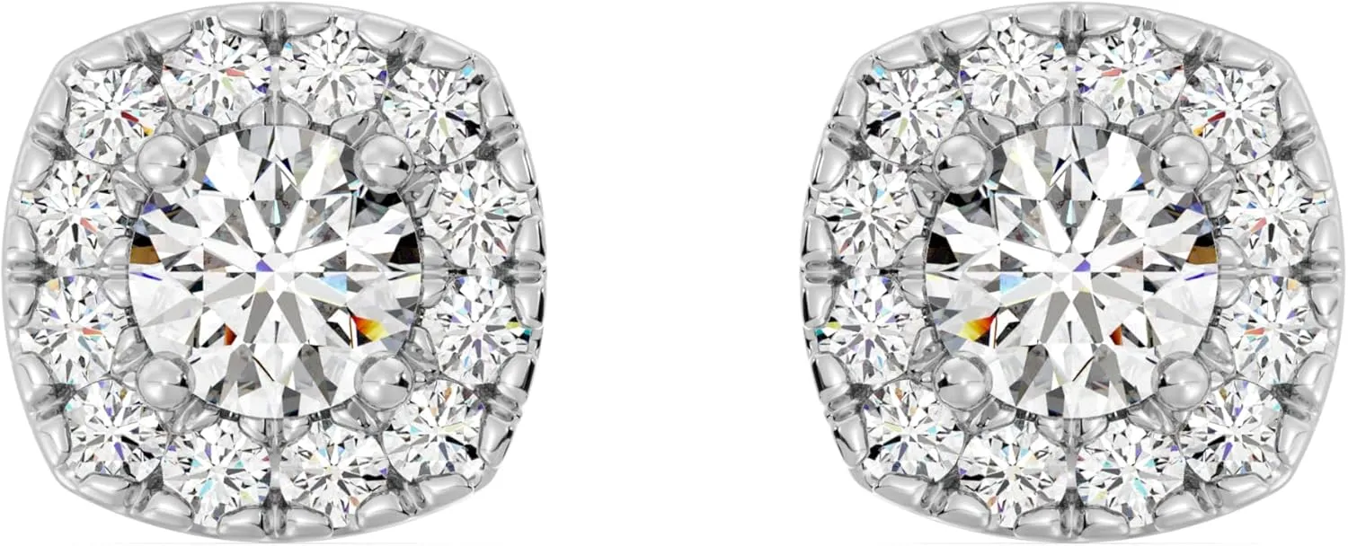 GildedLab-Grown Diamond Cushion Halo Stud Earrings for Women, Round Cut, 4-Prong, Push Back, 925 Sterling Silver or 14 KTGold-Plated, F Color SI1