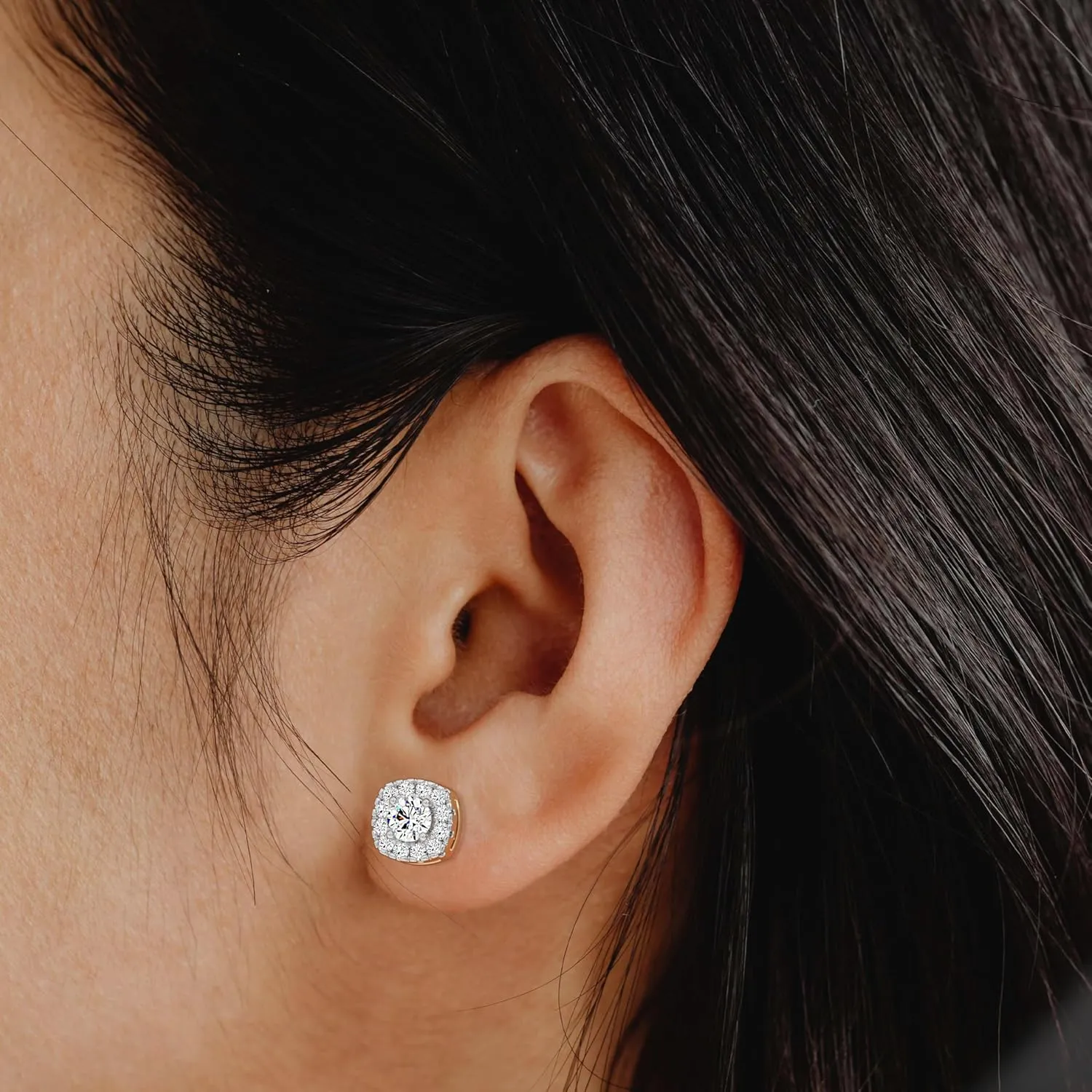 GildedLab-Grown Diamond Cushion Halo Stud Earrings for Women, Round Cut, 4-Prong, Push Back, 925 Sterling Silver or 14 KTGold-Plated, F Color SI1