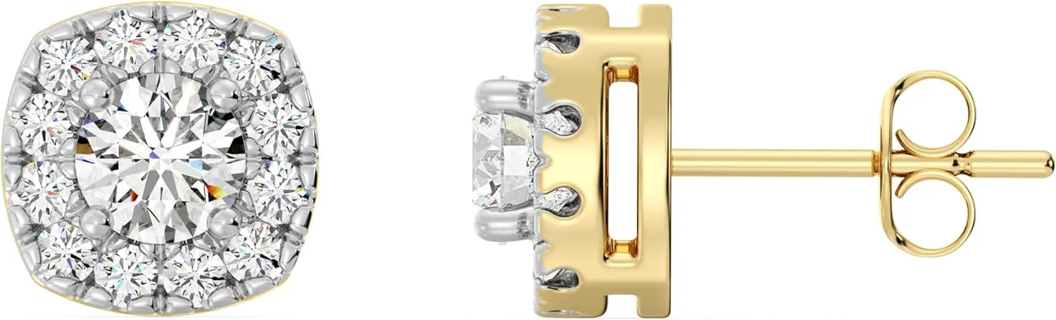 GildedLab-Grown Diamond Cushion Halo Stud Earrings for Women, Round Cut, 4-Prong, Push Back, 925 Sterling Silver or 14 KTGold-Plated, F Color SI1