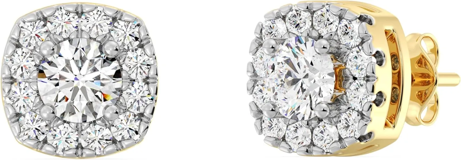 GildedLab-Grown Diamond Cushion Halo Stud Earrings for Women, Round Cut, 4-Prong, Push Back, 925 Sterling Silver or 14 KTGold-Plated, F Color SI1
