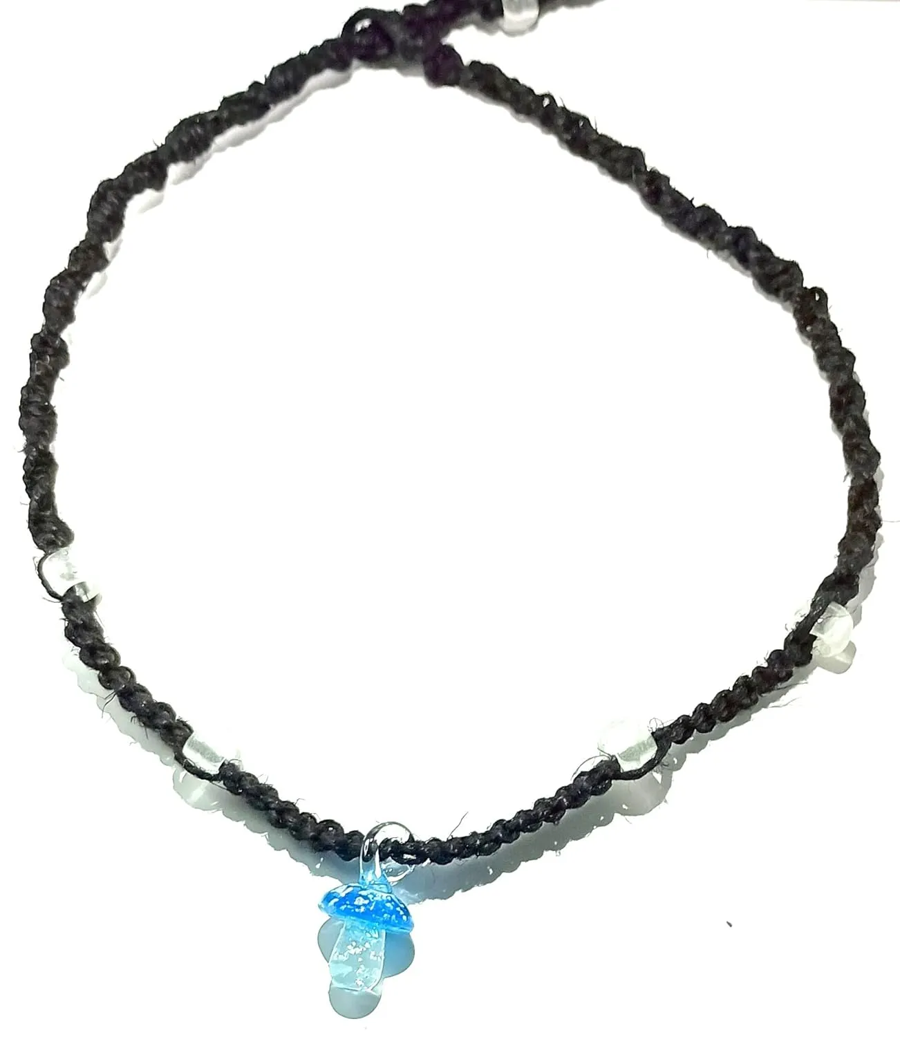 Glow mushroom hemp necklace (Light Blue on Black Cord)