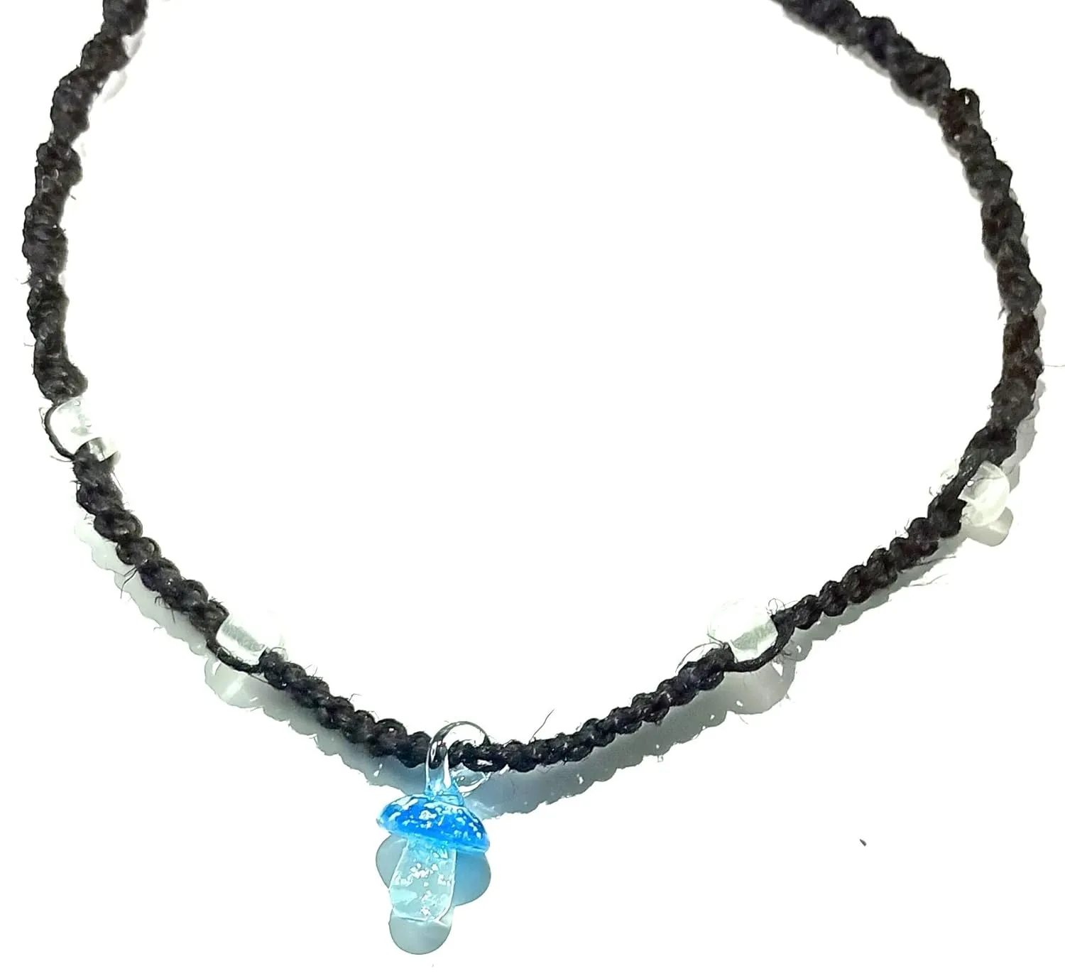Glow mushroom hemp necklace (Light Blue on Black Cord)