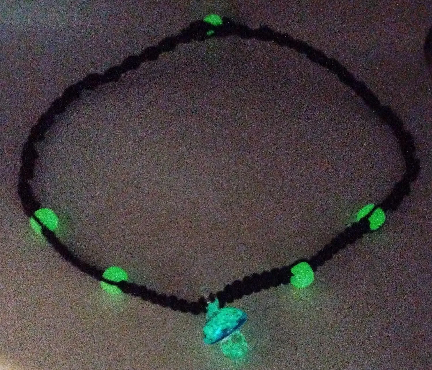 Glow mushroom hemp necklace (Light Blue on Black Cord)