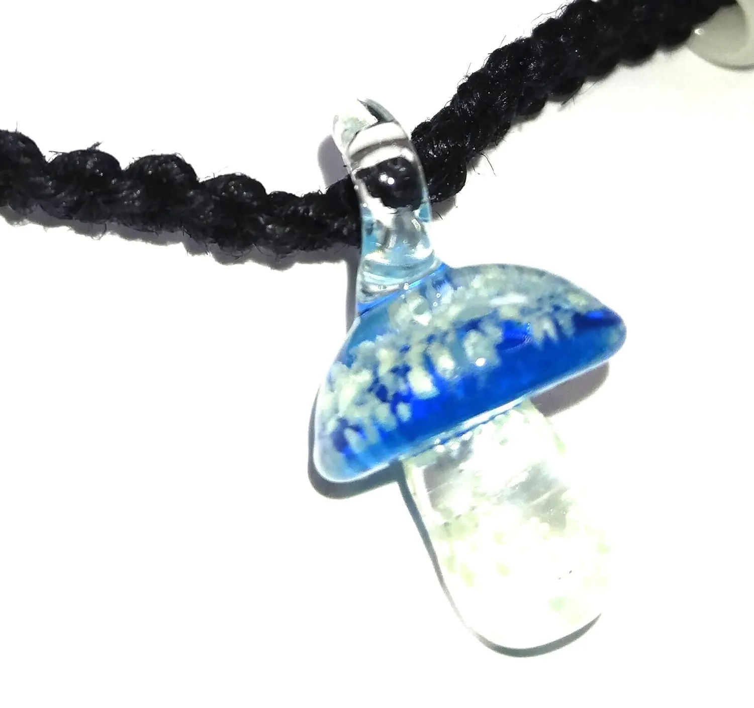 Glow mushroom hemp necklace (Light Blue on Black Cord)