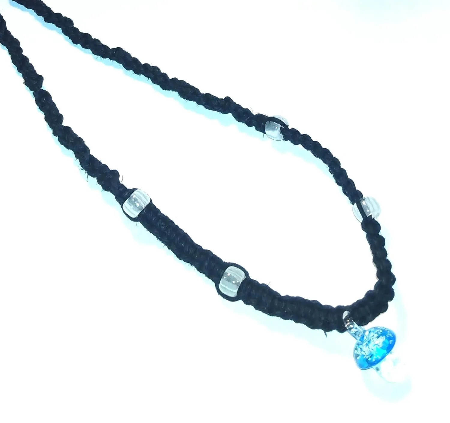 Glow mushroom hemp necklace (Light Blue on Black Cord)