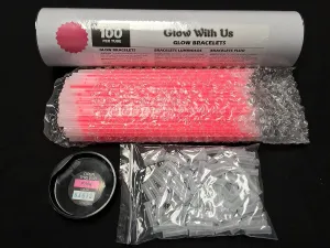 Glow With Us Brand Sticks Bracelets Bulk Wholesale, 100 8" Pink Bracelets, Bright Color, Glow 8-12 Hrs, 100 Connectors Included, Party Favor Supplies, Sturdy Packaging, Great Fun