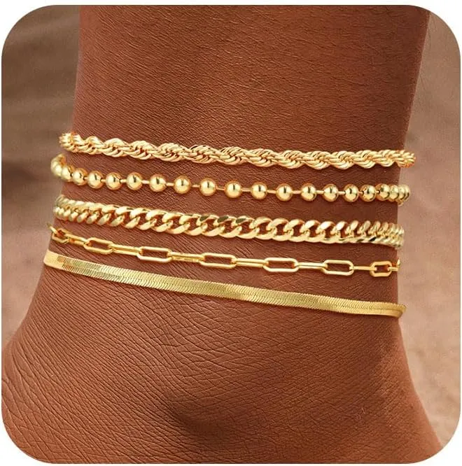 Gold Ankle Bracelets for Women,14K Gold Anklets for Women Waterproof Cuban Link Heart Paperclip Beaded Figaro Cuban Link Chain Beach Stackable Anklet Layered Anklet Bracelets for Women Gold Jewelry