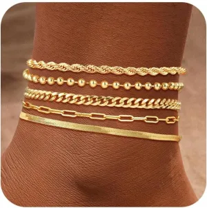 Gold Ankle Bracelets for Women,14K Gold Anklets for Women Waterproof Cuban Link Heart Paperclip Beaded Figaro Cuban Link Chain Beach Stackable Anklet Layered Anklet Bracelets for Women Gold Jewelry