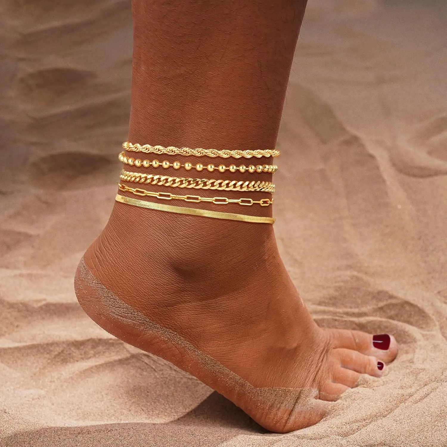 Gold Ankle Bracelets for Women,14K Gold Anklets for Women Waterproof Cuban Link Heart Paperclip Beaded Figaro Cuban Link Chain Beach Stackable Anklet Layered Anklet Bracelets for Women Gold Jewelry