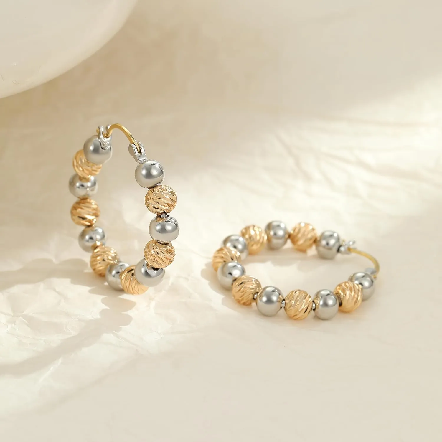 Gold Beaded Link Bamboo Hoop Earrings - Dainty Minimalist Huggie Hoop Earrings for Her