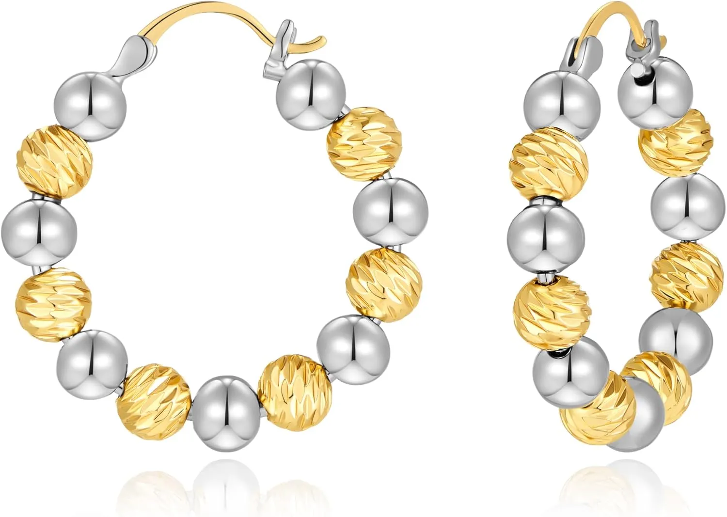 Gold Beaded Link Bamboo Hoop Earrings - Dainty Minimalist Huggie Hoop Earrings for Her