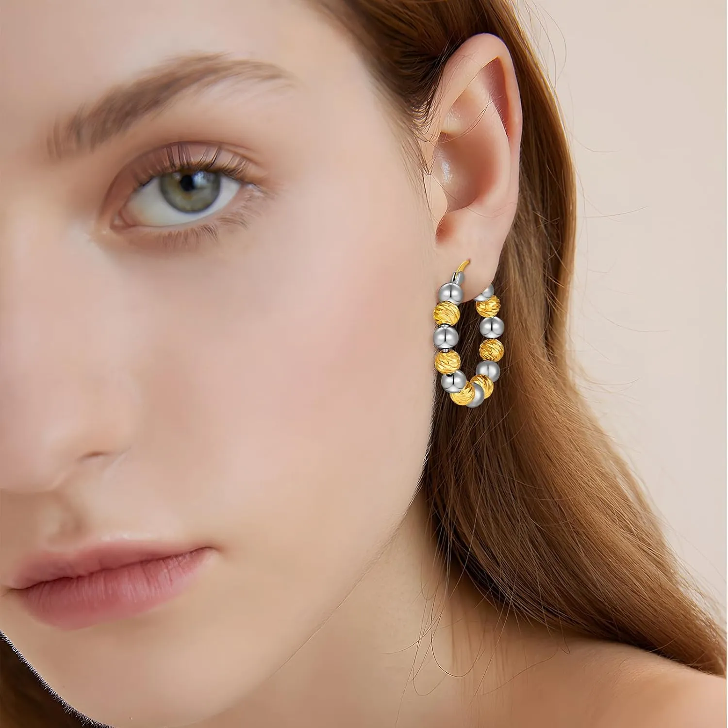 Gold Beaded Link Bamboo Hoop Earrings - Dainty Minimalist Huggie Hoop Earrings for Her