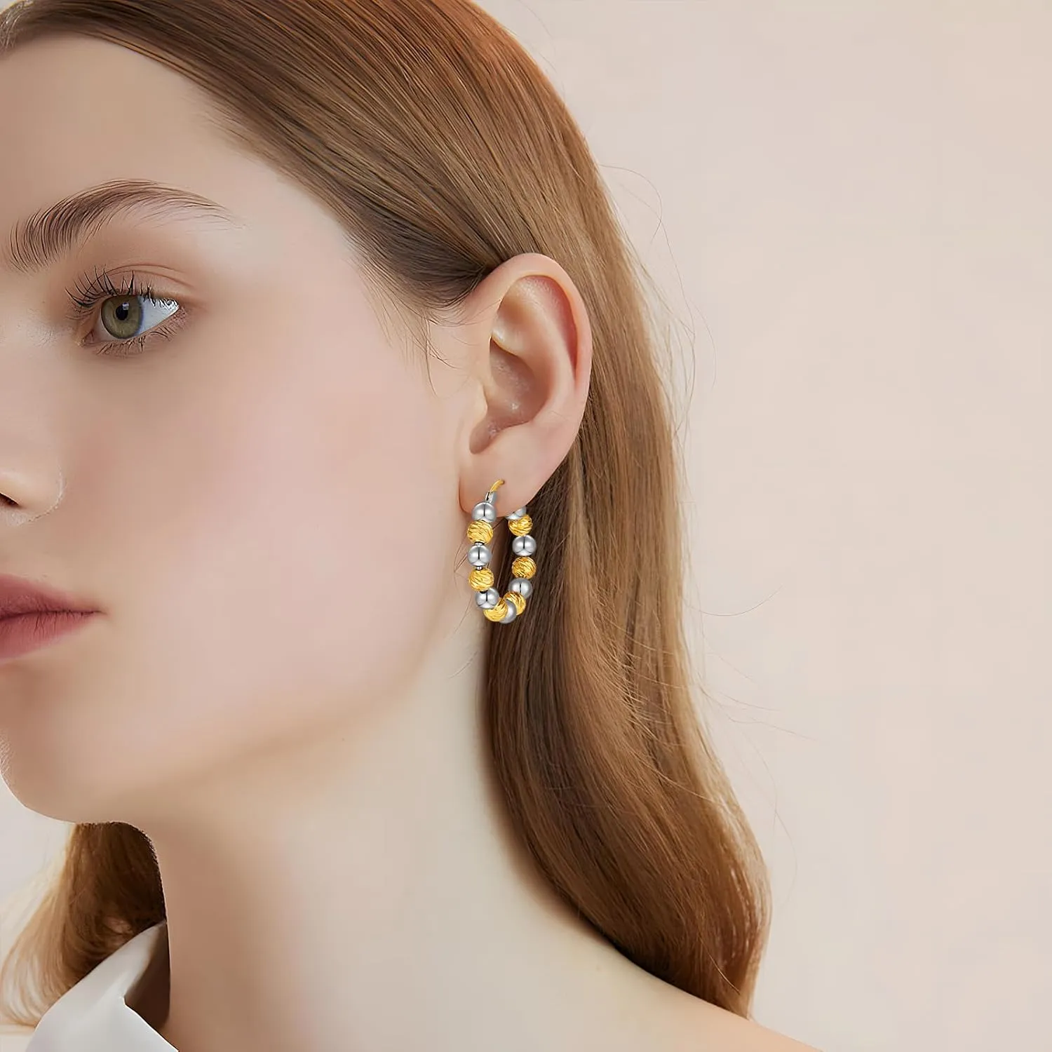 Gold Beaded Link Bamboo Hoop Earrings - Dainty Minimalist Huggie Hoop Earrings for Her