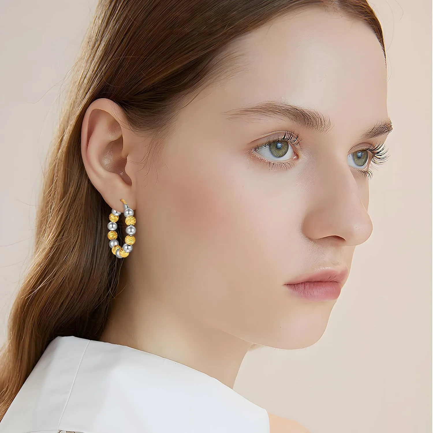 Gold Beaded Link Bamboo Hoop Earrings - Dainty Minimalist Huggie Hoop Earrings for Her
