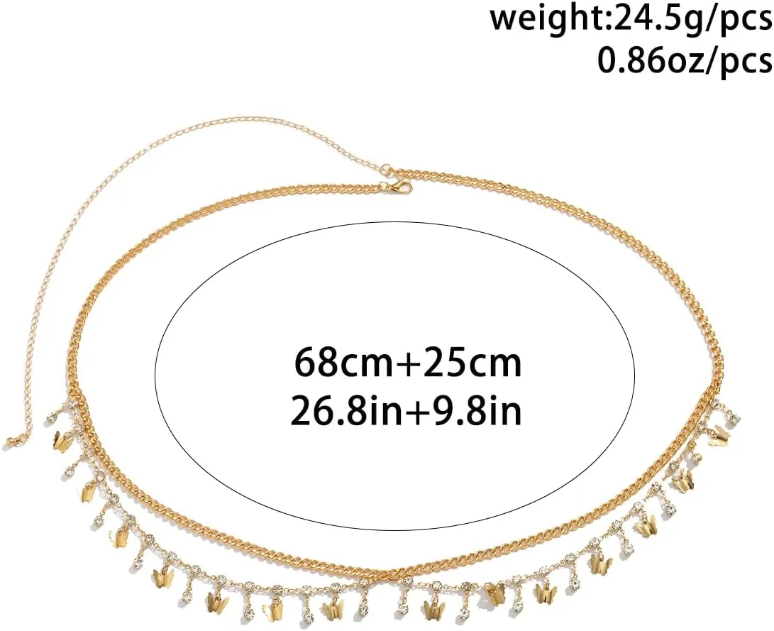 Gold Belly Chain Rhinestone Body Jewelry Chain Plated Waist Chains Layered Body Waist Summer Beach Bikini Jewelry for Women