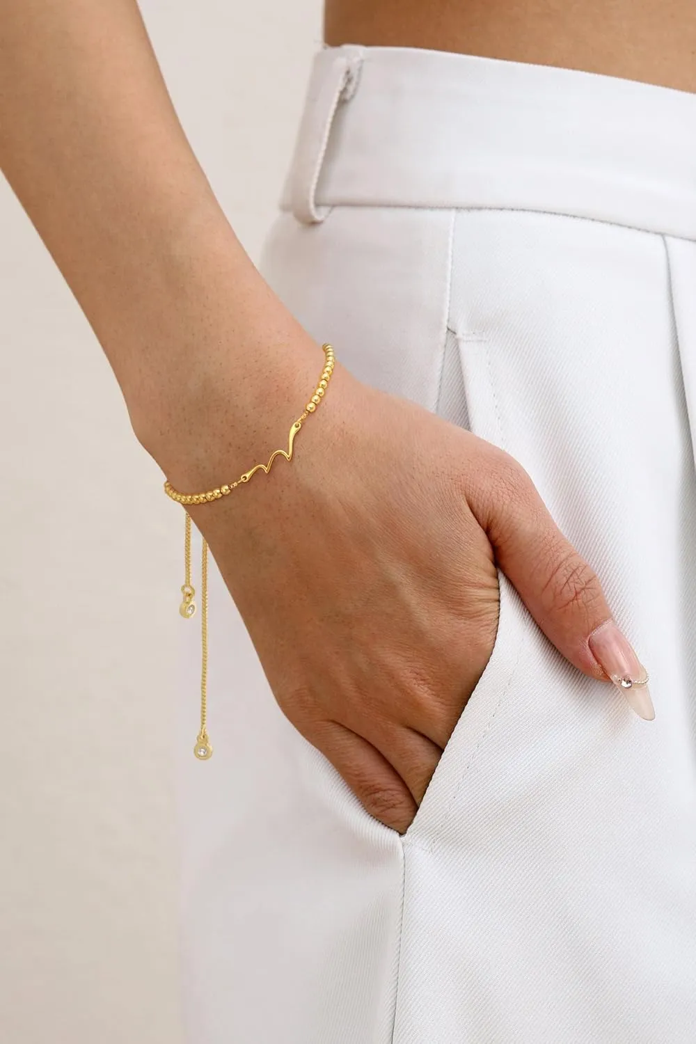 Gold Bracelets for Women, 14K Gold Plated Dainty Bead Bracelets Non Tarnish Trendy Adjustable Slider Bracelet Heart Cross Infinity Wave Tiny Simple Link Chain Bracelet Jewelry for Women