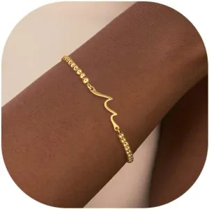 Gold Bracelets for Women, 14K Gold Plated Dainty Bead Bracelets Non Tarnish Trendy Adjustable Slider Bracelet Heart Cross Infinity Wave Tiny Simple Link Chain Bracelet Jewelry for Women