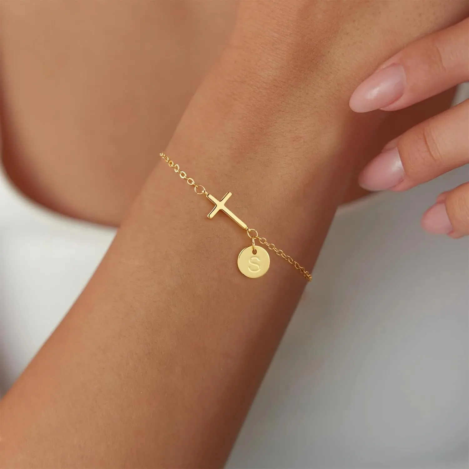 Gold Bracelets for Women 14K Real Gold Plated Cross Initial Charm Bracelet Dainty Cute Trendy Custom Letter Bracelets Waterproof Non Tarnish Simple Fashion Jewelry Gifts