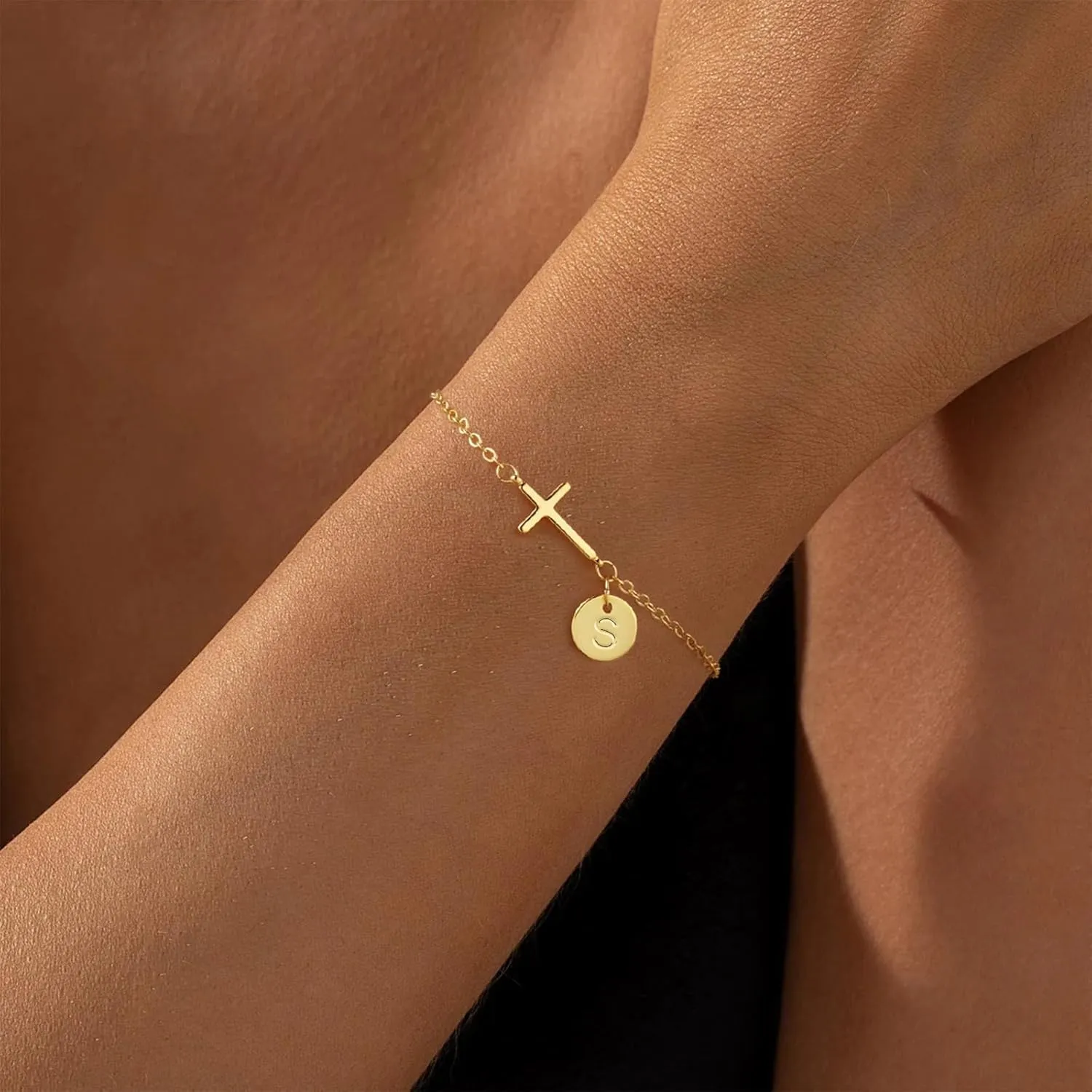 Gold Bracelets for Women 14K Real Gold Plated Cross Initial Charm Bracelet Dainty Cute Trendy Custom Letter Bracelets Waterproof Non Tarnish Simple Fashion Jewelry Gifts