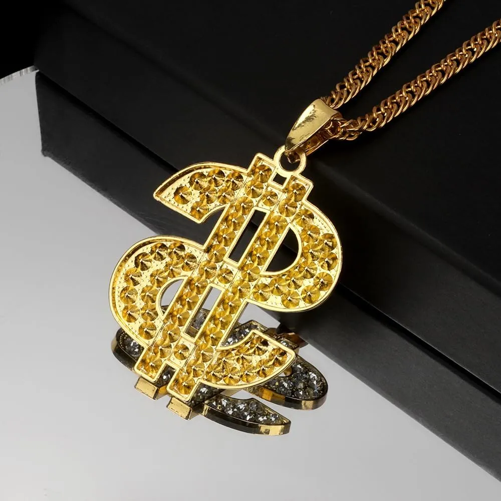 Gold Chain with Dollar Sign, Fake Gold Chain, Gold Money Chains for Men, 80 90s Hip Hop Gold Digger Costume Accessories, Hip Hop Jewelry Pendant Necklace