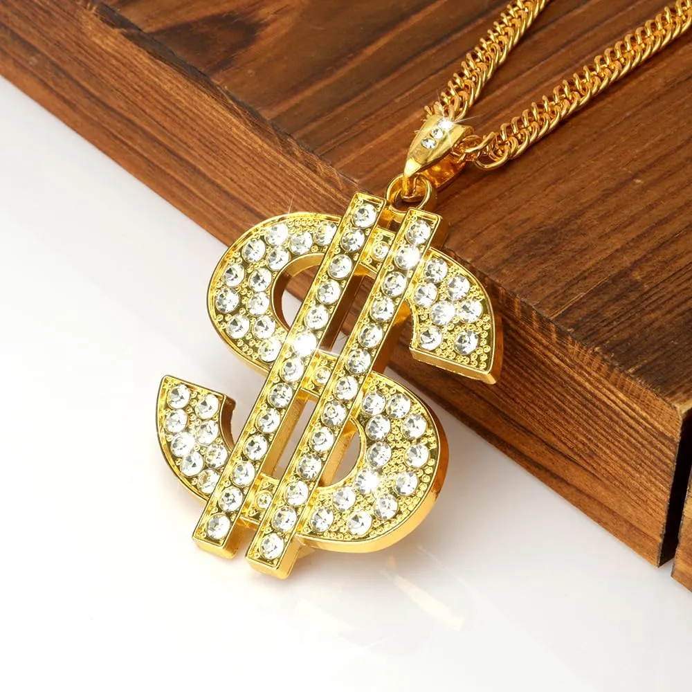 Gold Chain with Dollar Sign, Fake Gold Chain, Gold Money Chains for Men, 80 90s Hip Hop Gold Digger Costume Accessories, Hip Hop Jewelry Pendant Necklace