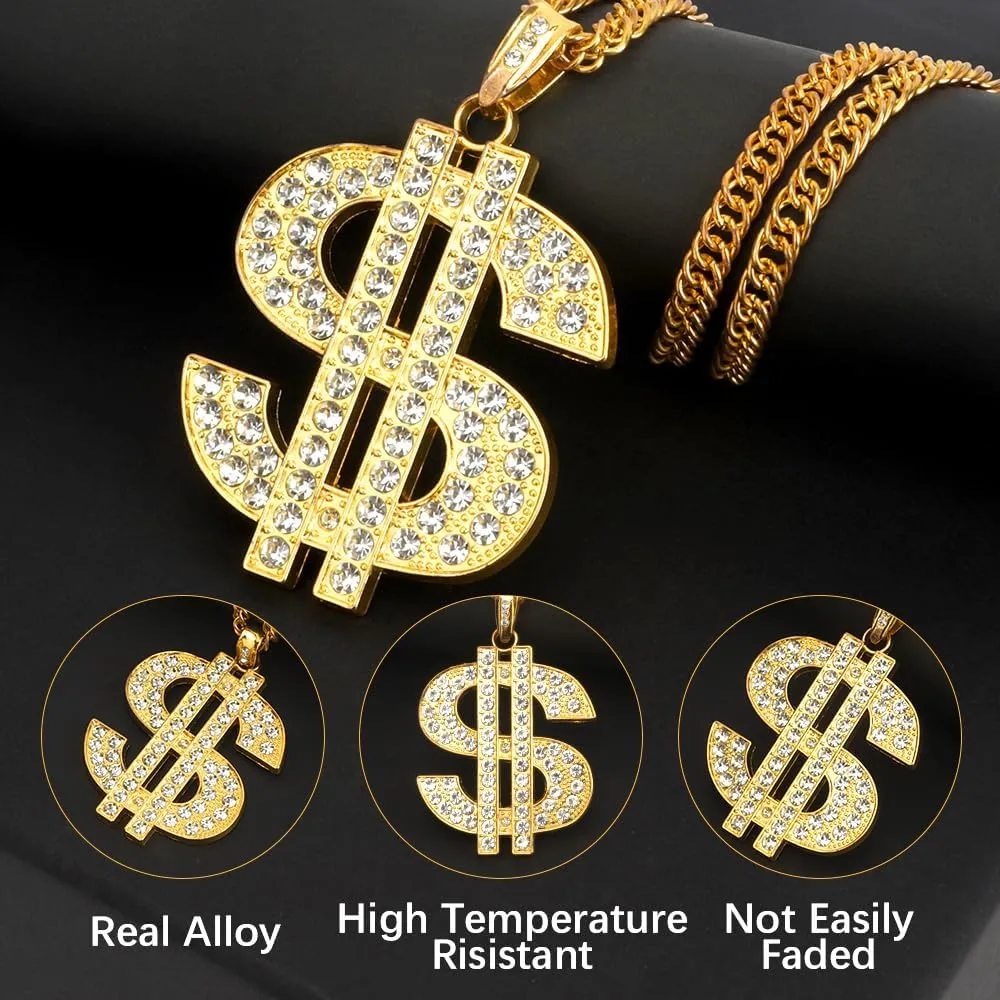 Gold Chain with Dollar Sign, Fake Gold Chain, Gold Money Chains for Men, 80 90s Hip Hop Gold Digger Costume Accessories, Hip Hop Jewelry Pendant Necklace