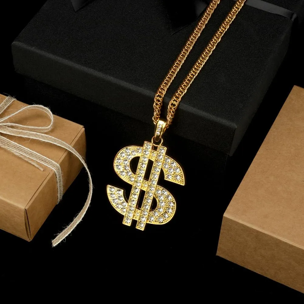 Gold Chain with Dollar Sign, Fake Gold Chain, Gold Money Chains for Men, 80 90s Hip Hop Gold Digger Costume Accessories, Hip Hop Jewelry Pendant Necklace