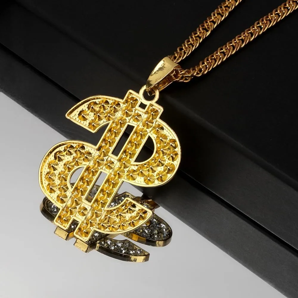 Gold Chain with Dollar Sign, Fake Gold Chain, Gold Money Chains for Men, 80 90s Hip Hop Gold Digger Costume Accessories, Hip Hop Jewelry Pendant Necklace